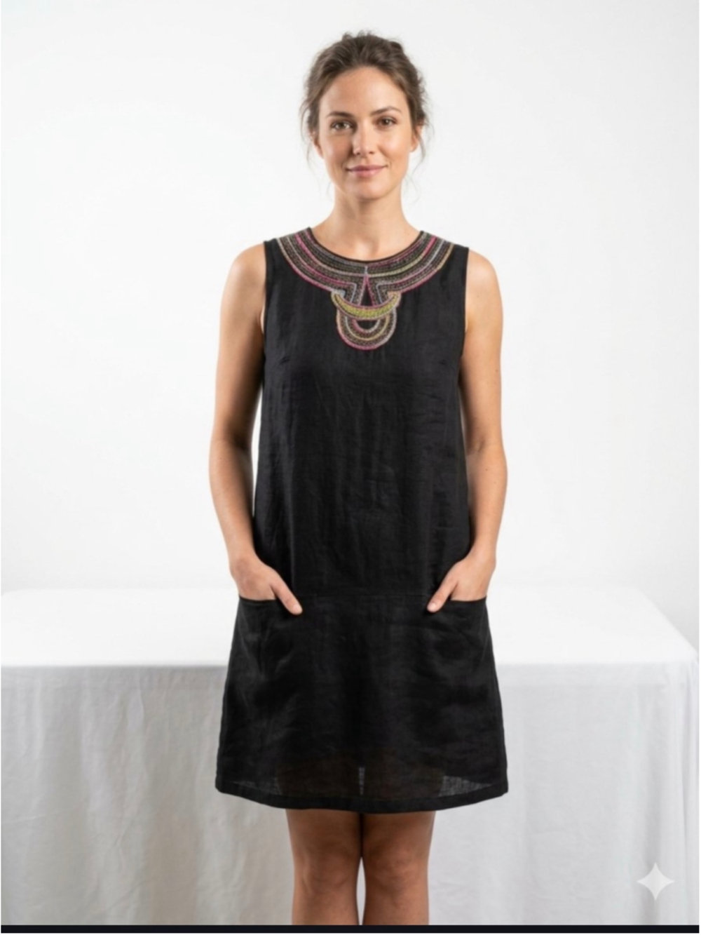 Carla Conti Black Linen Mini Dress with Multi-color Sequin Neckline Size M 2100